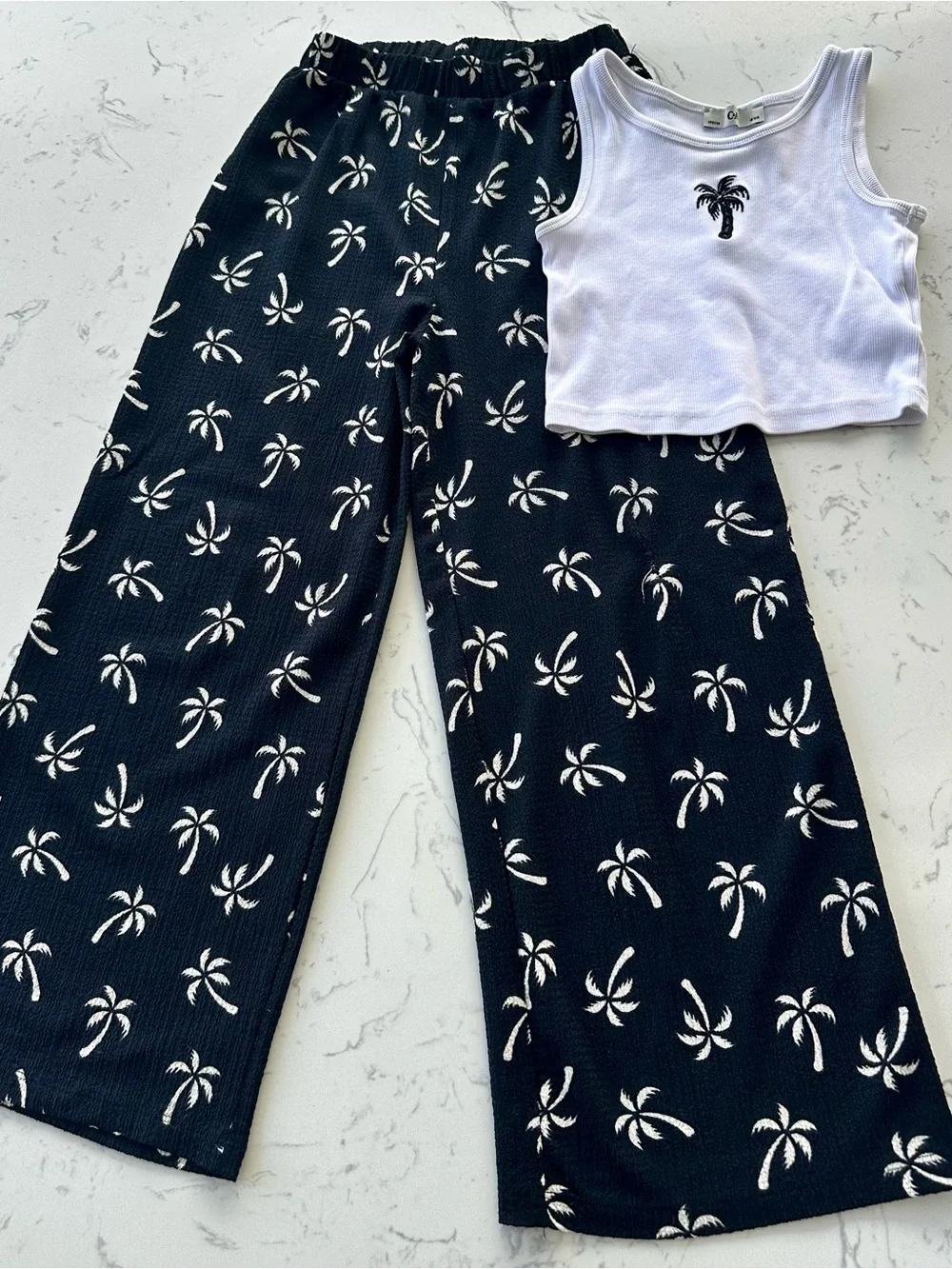 Kids Black Palm-Print Set with White Tank